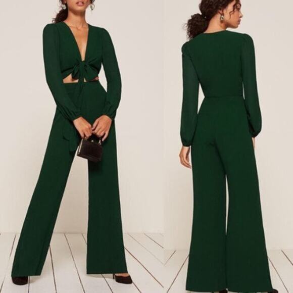 NWT Reformation Primrose Long Sleeve Tie Front Cutout Wide Leg Jumpsuit Green - Picture 1 of 7